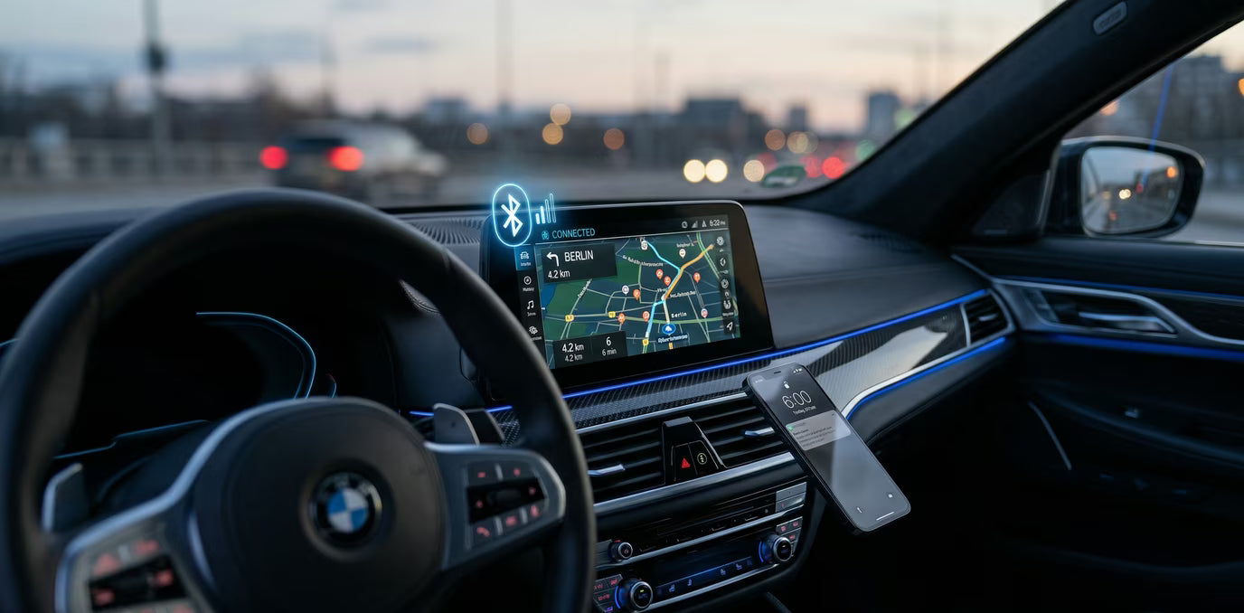 Interior BMW cu CarPlay Wireless conectat prin Bluetooth — navigare pe ecranul mașinii