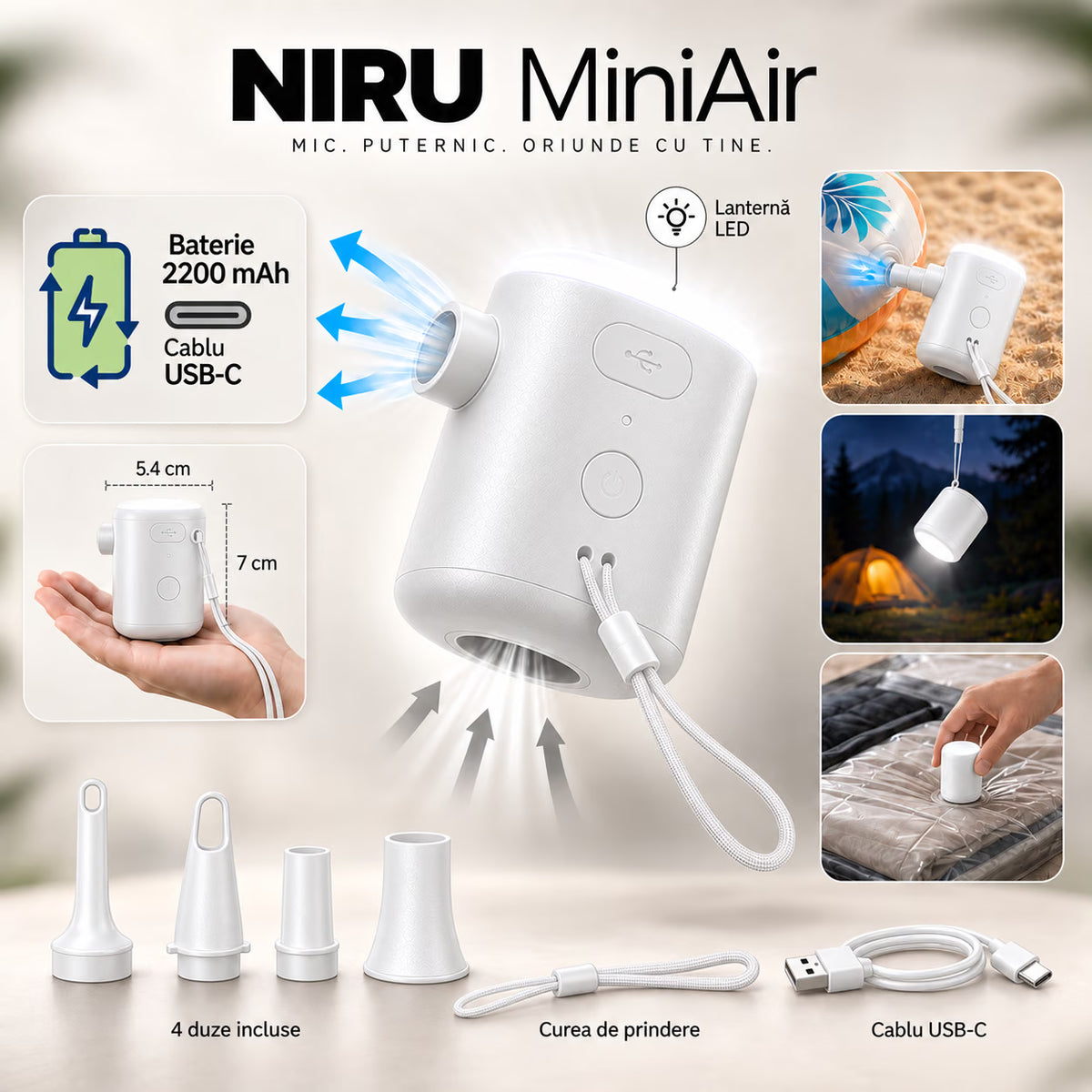 Pompă electrică portabilă NIRU MiniAir 5-în-1, baterie 2200 mAh, USB-C, lanternă LED, pentru umflare și vidare, alb