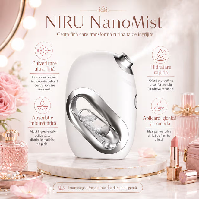 Pulverizator facial pentru serum NIRU NanoMist - spray facial portabil cu acumulator