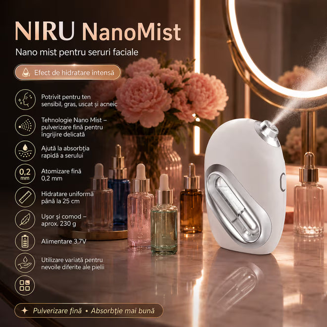Pulverizator facial pentru serum NIRU NanoMist - spray facial portabil cu acumulator