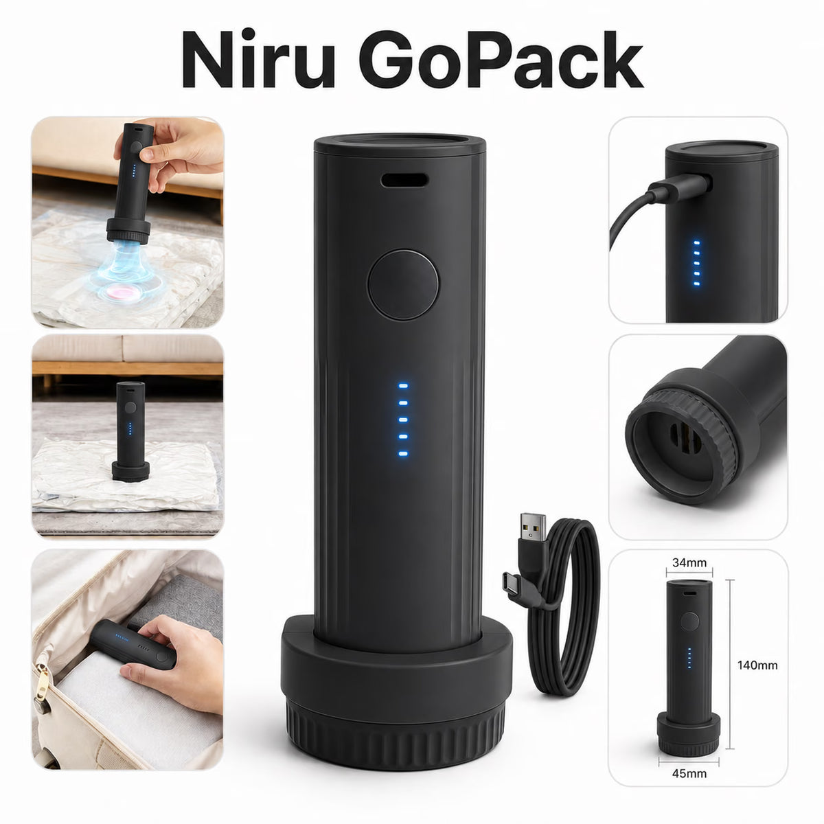 Pompă electrică de vid NIRU GoPack pentru pungi de haine, compactă, reîncărcabilă USB-C și ideală pentru călătorii, negru