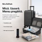 Pompă electrică de vid pentru haine NIRU GoPack, compactă și portabilă, pentru economisirea spațiului în bagaj, negru