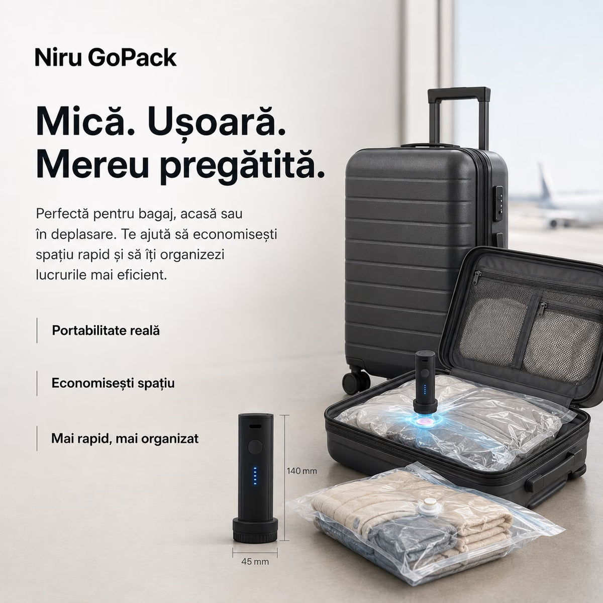 Pompă electrică de vid pentru haine NIRU GoPack, compactă și portabilă, pentru economisirea spațiului în bagaj, negru