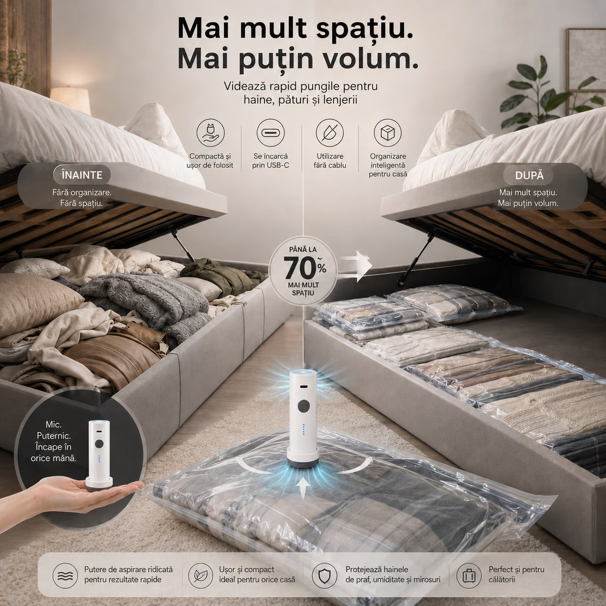 Pompă electrică de vid NIRU GoPack pentru pungi de haine, pături și lenjerii, compactă și reîncărcabilă USB-C, pentru economisirea spațiului, alb