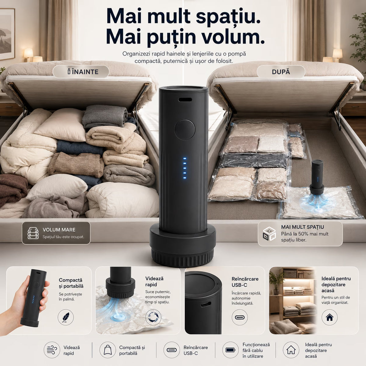 Pompă electrică de vid NIRU GoPack pentru haine și lenjerii, compactă, portabilă și reîncărcabilă USB-C pentru economisirea spațiului, negru