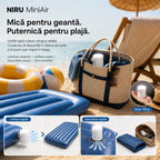 Pompă electrică portabilă NIRU MiniAir pentru umflat și dezumflat saltele, colace și mingi, cu lanternă LED integrată. alb