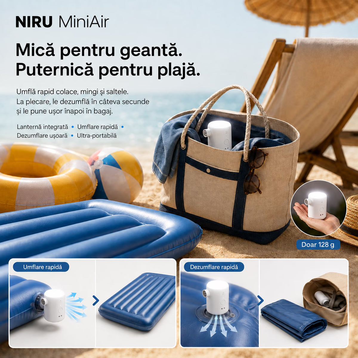 Pompă electrică portabilă NIRU MiniAir pentru umflat și dezumflat saltele, colace și mingi, cu lanternă LED integrată. alb