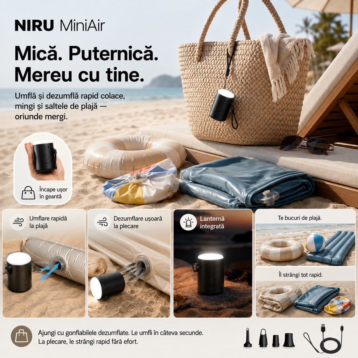 Pompă electrică portabilă NIRU MiniAir pentru umflat și dezumflat colace, mingi și saltele, cu lanternă LED integrată pentru plajă și călătorii, negru