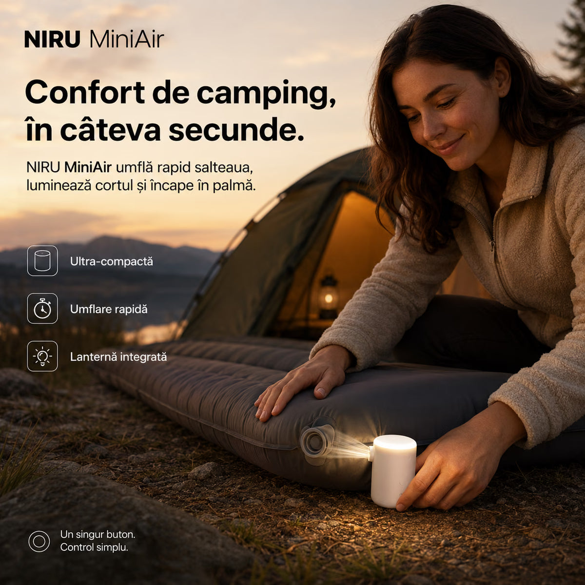 Pompă electrică portabilă NIRU MiniAir pentru camping, cu umflare rapidă a saltelelor și lanternă LED integrată, alb, negru