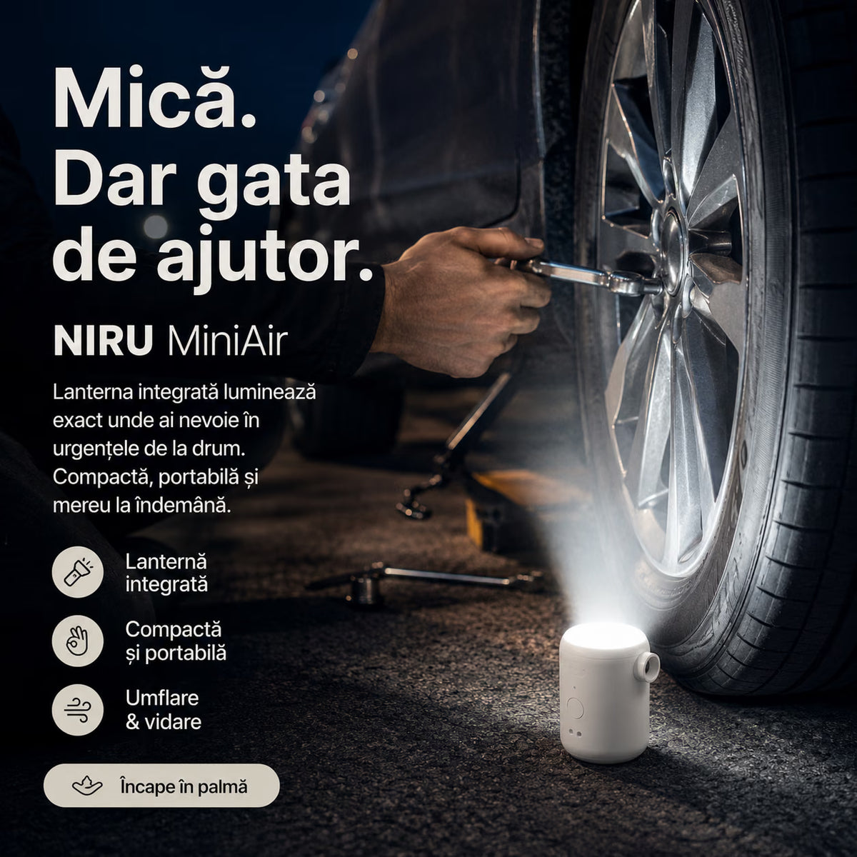 Pompă electrică portabilă NIRU MiniAir cu lanternă LED integrată, pentru umflare, vidare și utilizare în situații de urgență la mașină, alb