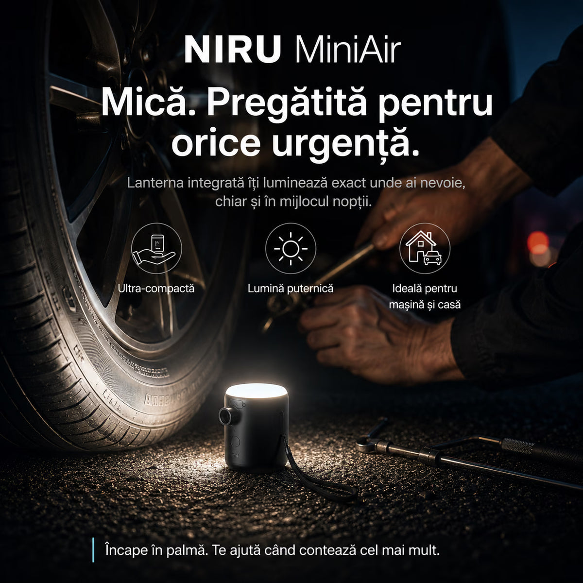 Pompă electrică portabilă NIRU MiniAir cu lanternă LED integrată, pentru umflare, vidare și utilizare în situații de urgență la mașină, negru