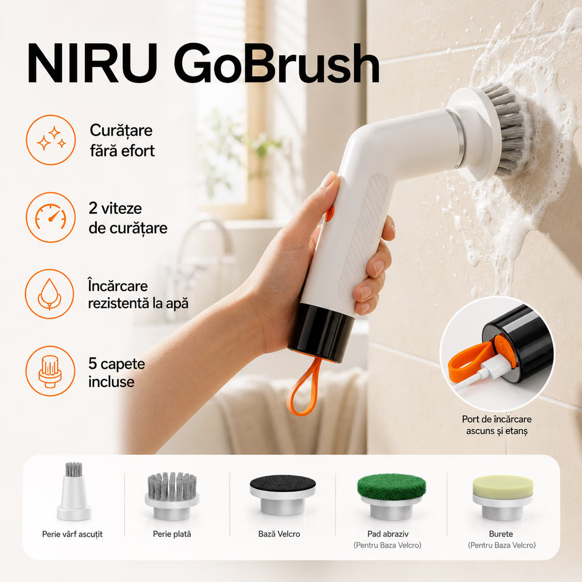 Perie electrică de curățare NIRU GoBrush cu 2 viteze, 5 capete incluse și design rezistent la apă pentru baie și suprafețe. alb, negru