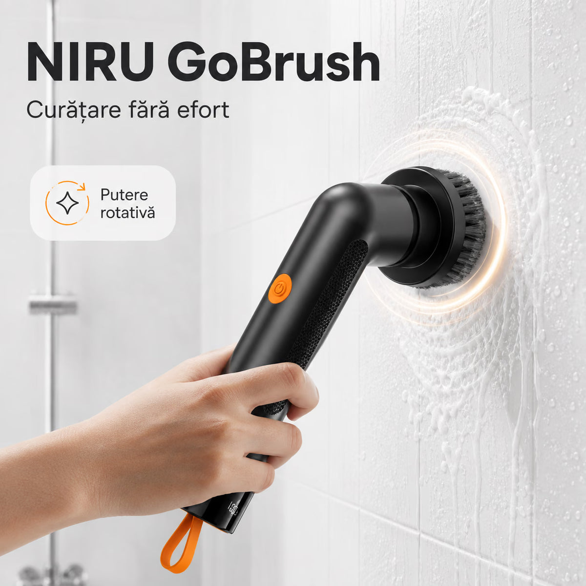 Perie electrică de curățare NIRU GoBrush, 320 RPM, pentru baie, gresie și suprafețe cu murdărie persistentă, putere rotativa. negru