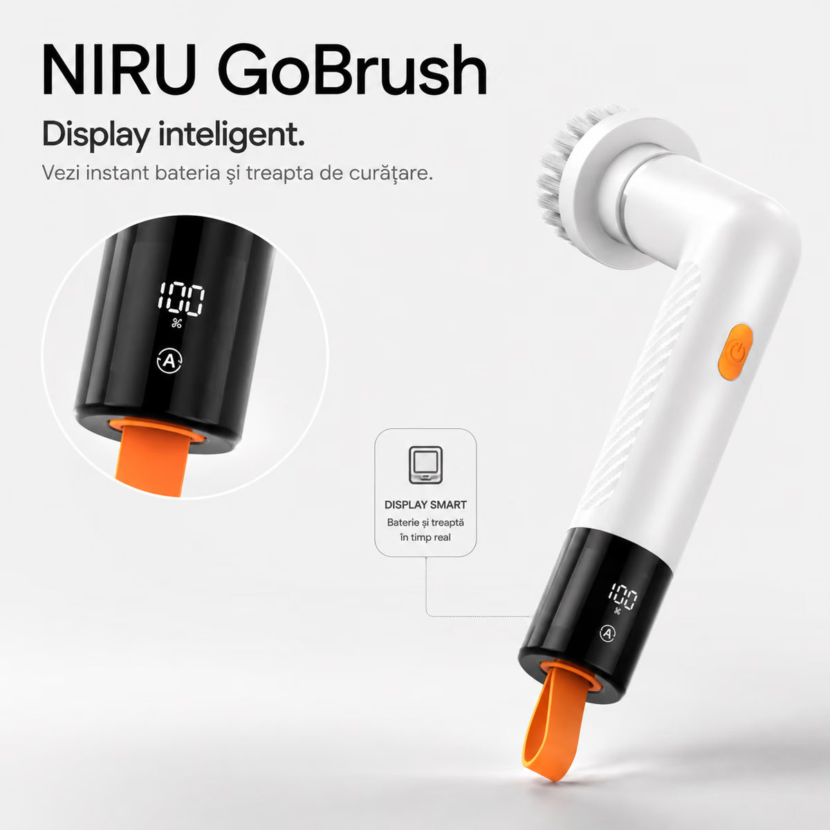 Perie electrică de curățare NIRU GoBrush cu display inteligent pentru nivelul bateriei și treapta de curățare. alb