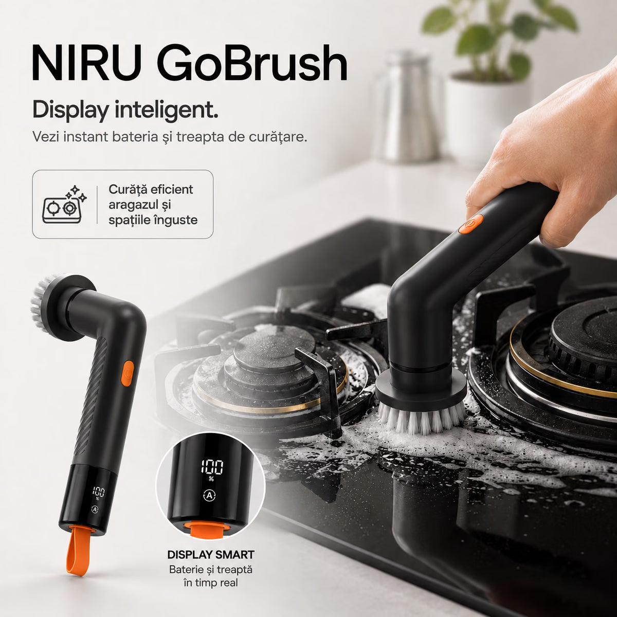Perie electrică de curățare NIRU GoBrush pentru aragaz și spații înguste, cu display inteligent pentru baterie și treapta de curățare, negru