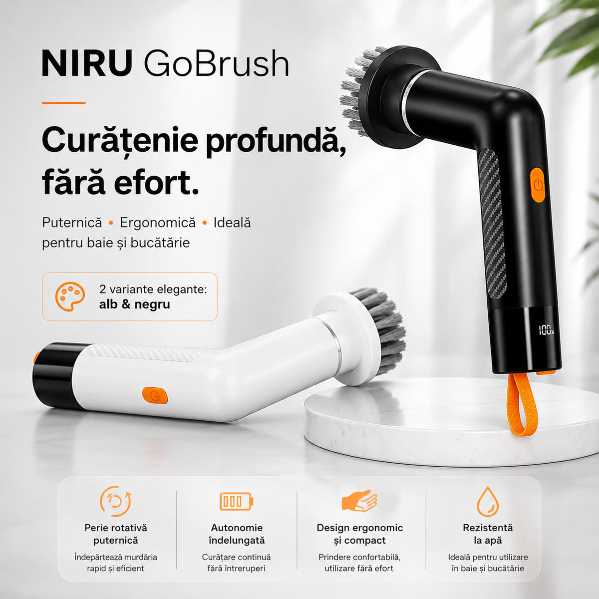 Perie electrică de curățare NIRU GoBrush, compactă și ergonomică, rezistentă la apă, pentru baie și bucătărie. alb, negru