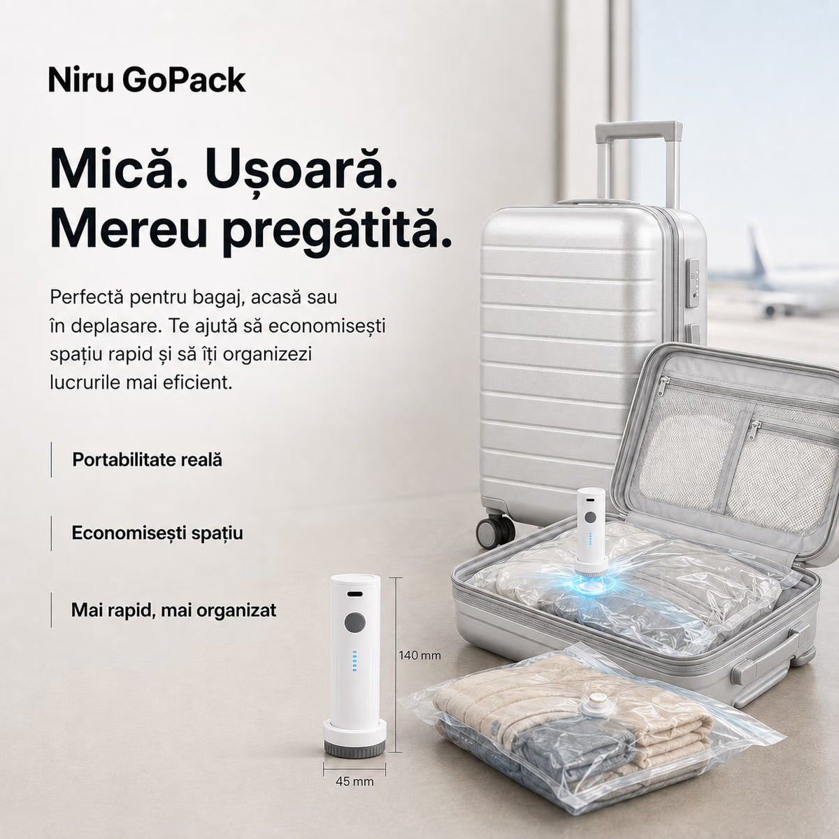 Pompă electrică de vid pentru haine NIRU GoPack, compactă și portabilă, pentru economisirea spațiului în bagaj, alb