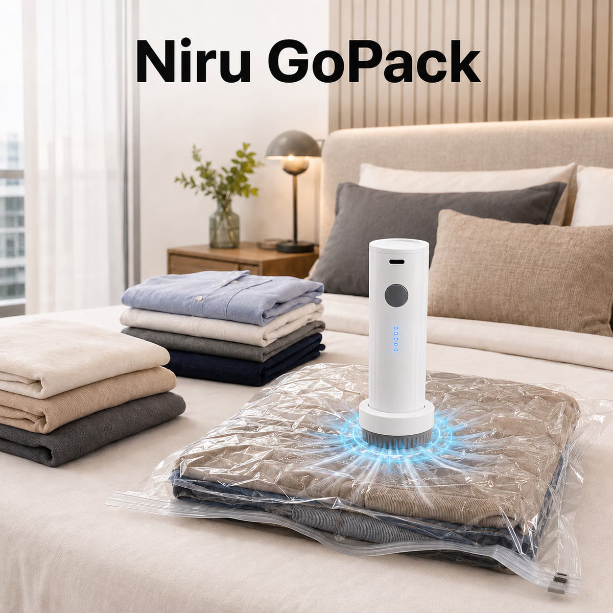 Pompă electrică de vid NIRU GoPack pentru pungi de haine, compactă și portabilă, utilizată pentru vidare și economisirea spațiului, alb