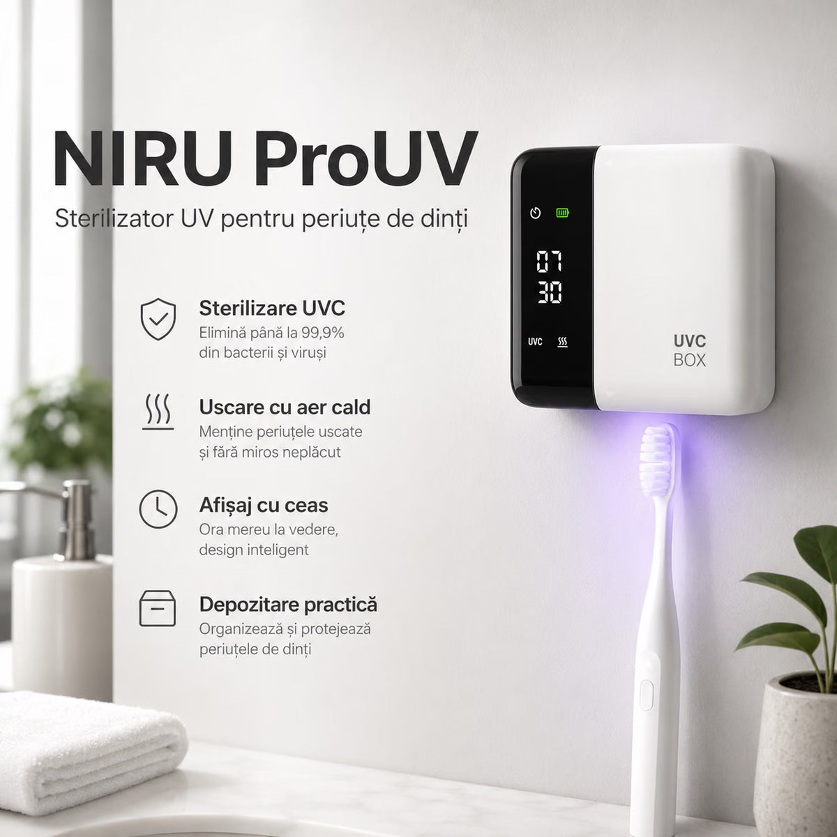 Sterilizator UV pentru periuțe de dinți NIRU ProUV, cu uscare cu aer cald, afișaj digital cu ceas și depozitare pe perete, alb