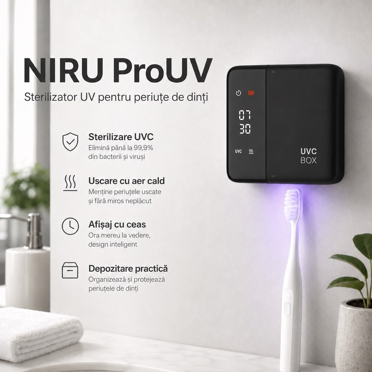 Sterilizator UV pentru periuțe de dinți NIRU ProUV, cu uscare cu aer cald, afișaj digital cu ceas și depozitare pe perete, negru