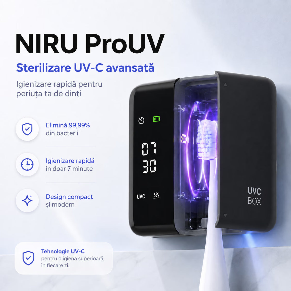Sterilizator UV-C pentru periuța de dinți NIRU ProUV, igienizare rapidă în 7 minute și design compact, negru