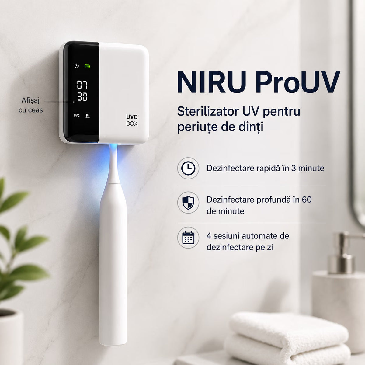 Sterilizator UV pentru periuțe de dinți NIRU ProUV, cu afișaj digital cu ceas și programe automate de dezinfectare, alb