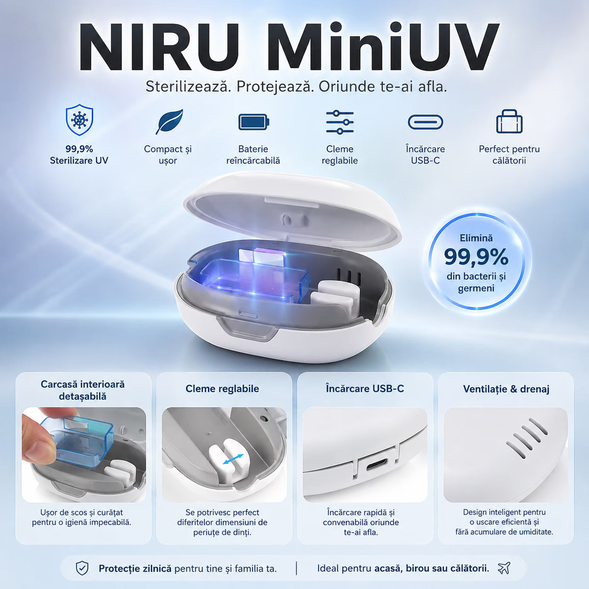 Sterilizator UV pentru periuța de dinți NIRU MiniUV, compact și portabil, cu încărcare USB-C și cleme reglabile. alb, verde, roz, albastru