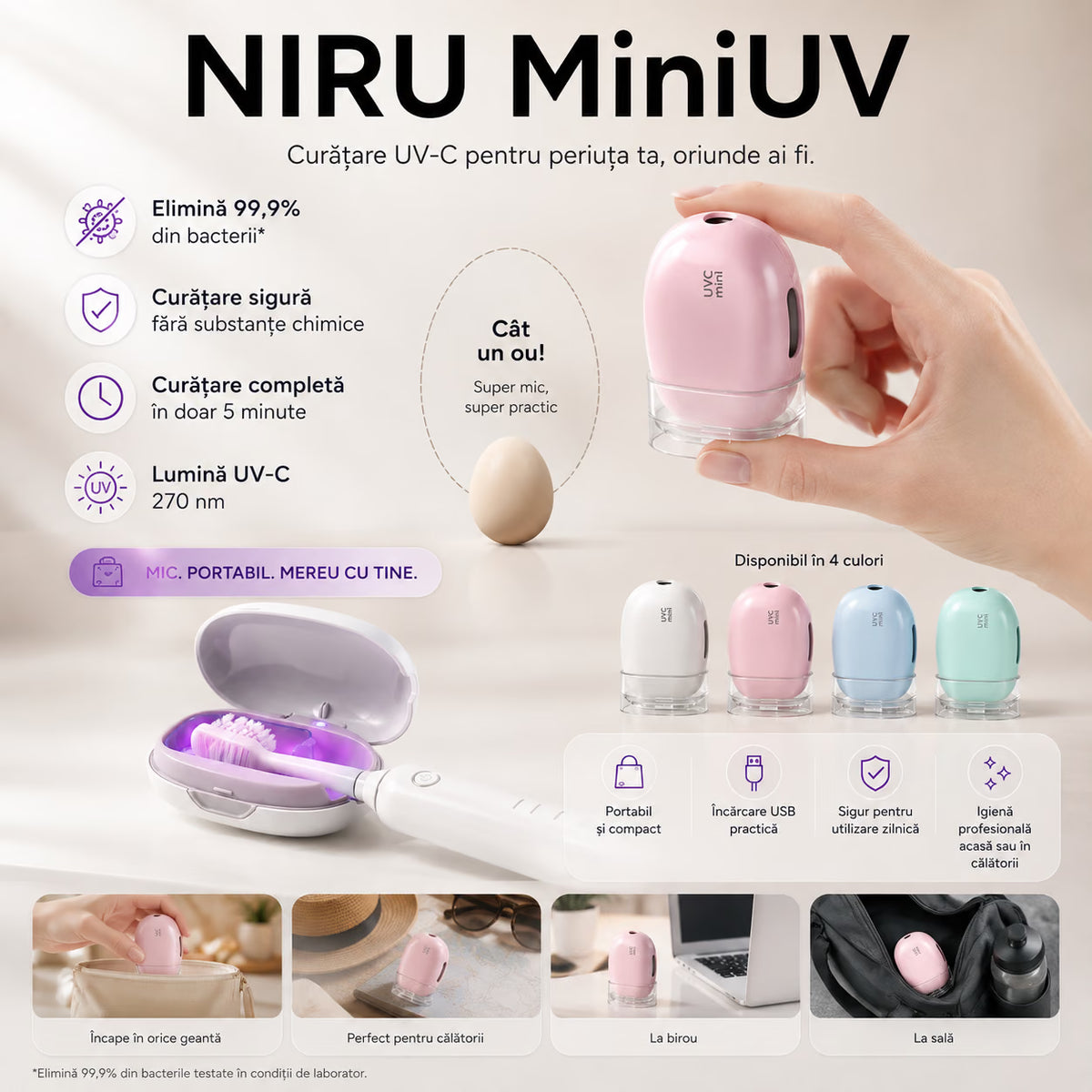Sterilizator UV-C portabil pentru periuța de dinți NIRU MiniUV, compact, cu încărcare USB-C și disponibil în 4 culori. alb, verde, roz, albastru