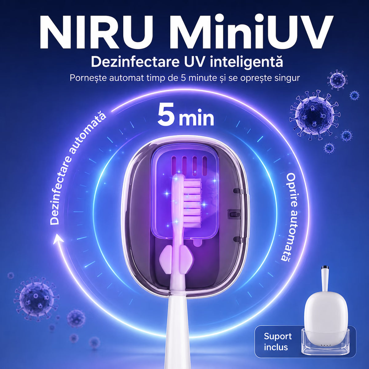 Sterilizator UV pentru periuța de dinți NIRU MiniUV, ciclu automat de 5 minute și suport inclus. alb, verde, roz, albastru