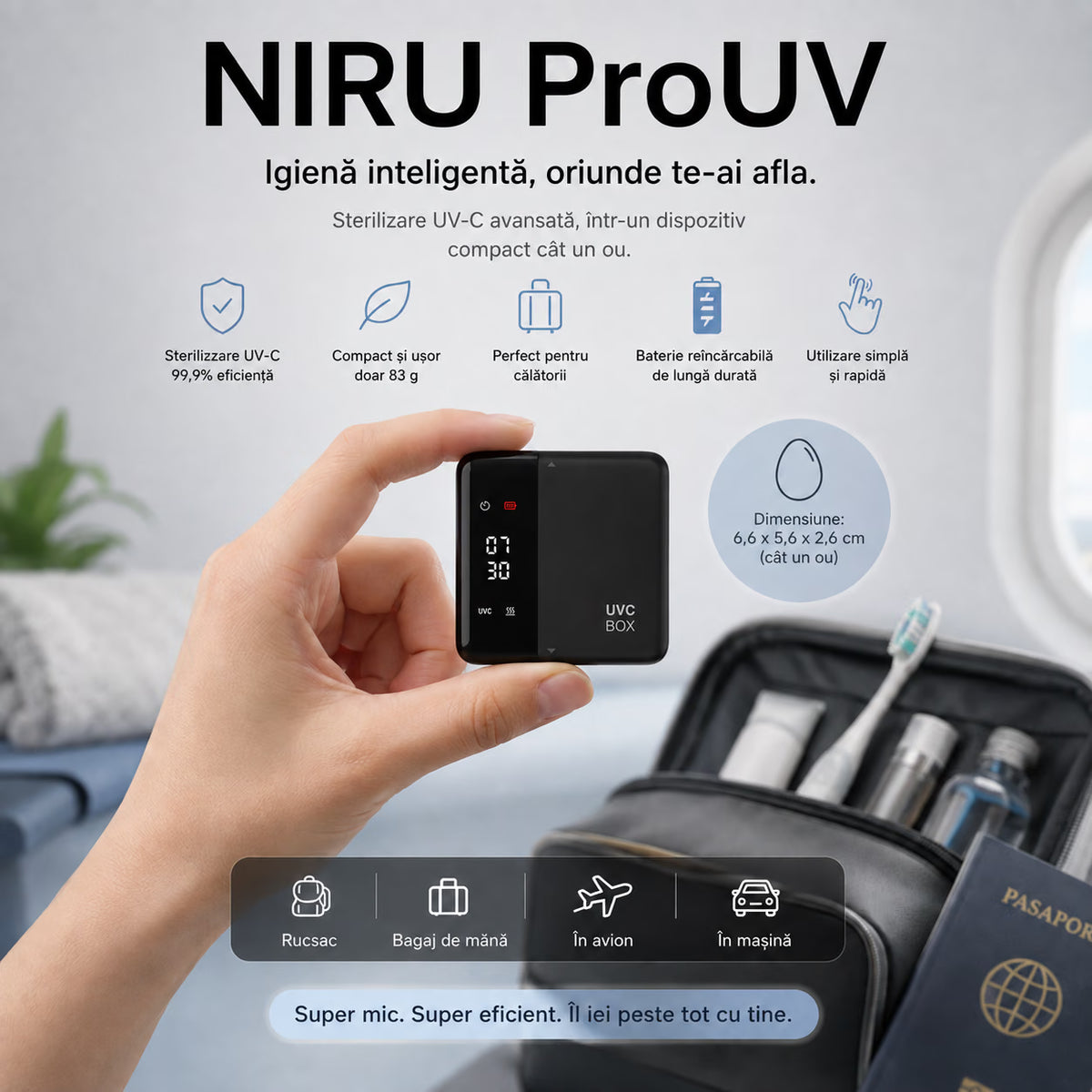 Sterilizator UV-C portabil pentru periuța de dinți NIRU ProUV, compact și ușor, cu baterie reîncărcabilă pentru călătorii, negru