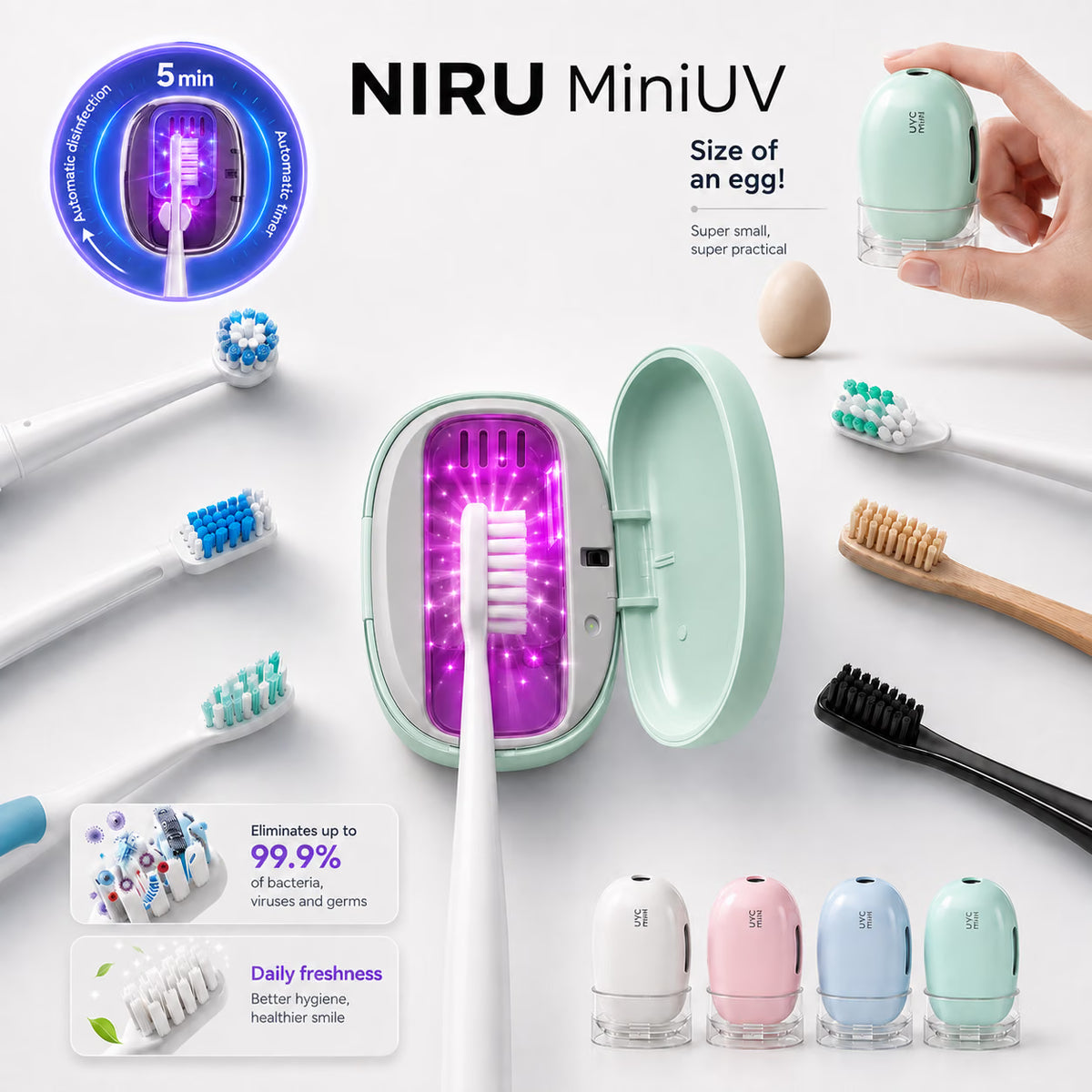 Sterilizator uv portabil pentru periuțe de dinți NIRU MiniUV, compact, cu dezinfecție automată în 5 minute in culoarea verde.