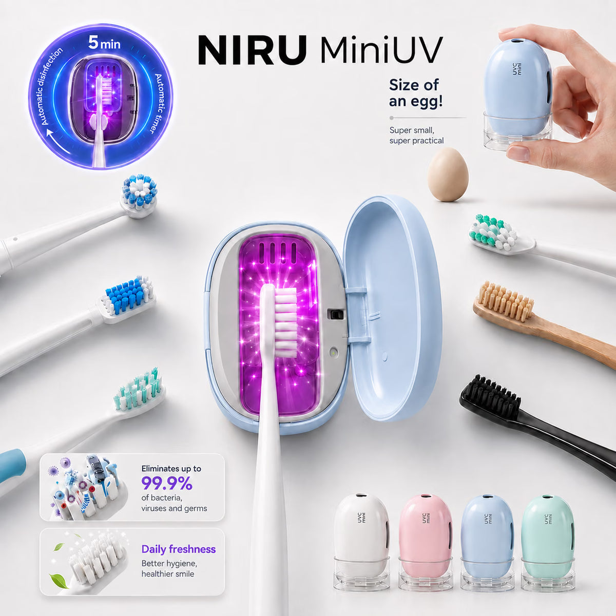 Sterilizator uv portabil pentru periuțe de dinți NIRU MiniUV, compact, cu dezinfecție automată în 5 minute in culoarea albastru.