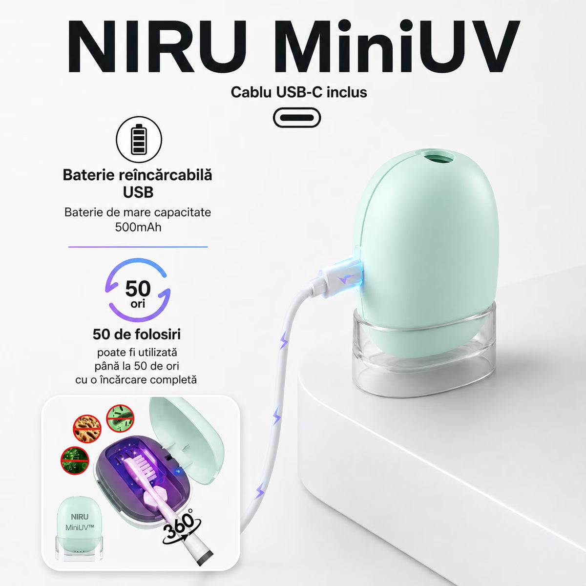 Sterilizator UV portabil pentru periuța de dinți NIRU MiniUV, baterie 500 mAh reîncărcabilă USB-C, până la 50 de utilizări, culoarea verde