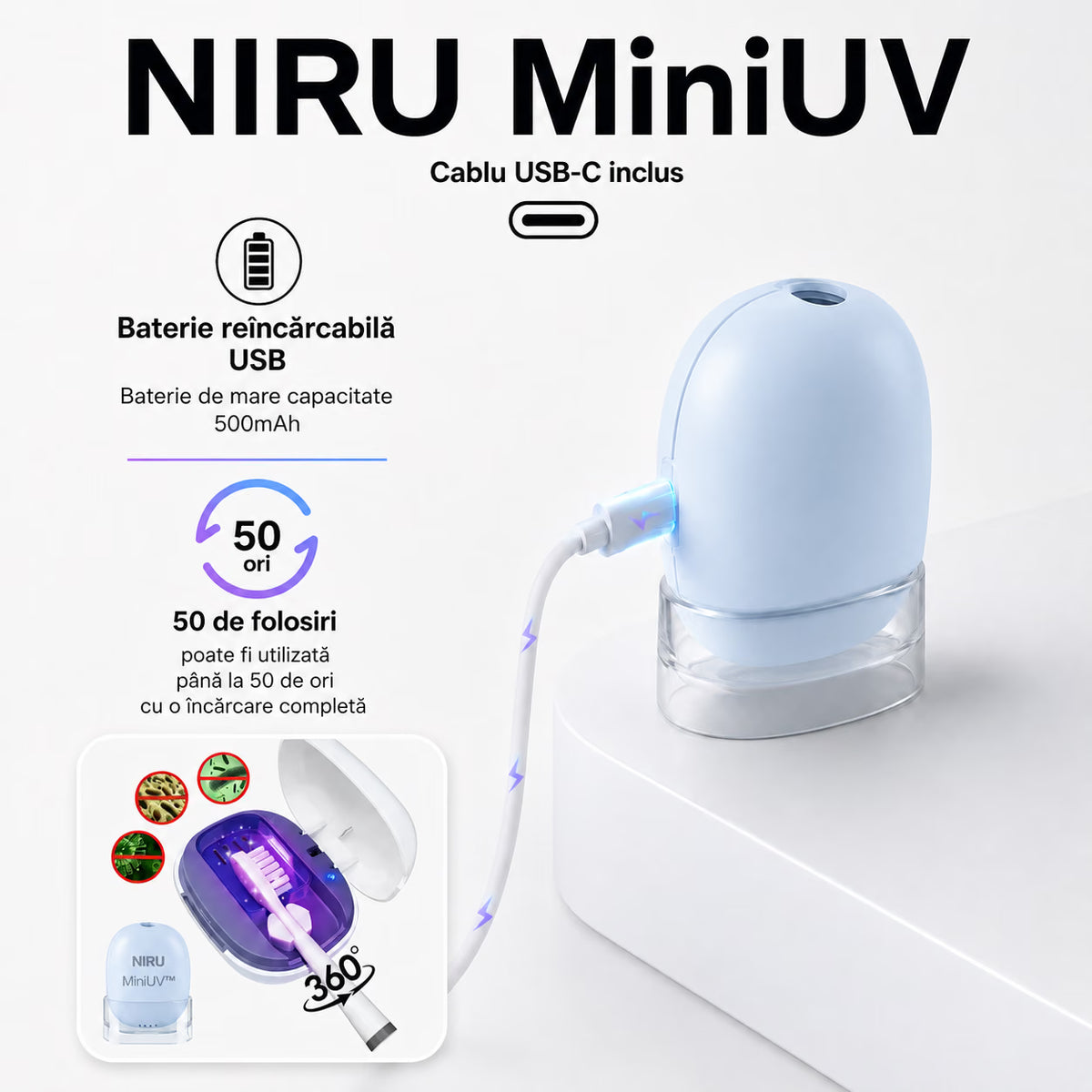 Sterilizator UV portabil pentru periuța de dinți NIRU MiniUV, baterie 500 mAh reîncărcabilă USB-C, până la 50 de utilizări, culoarea albastru
