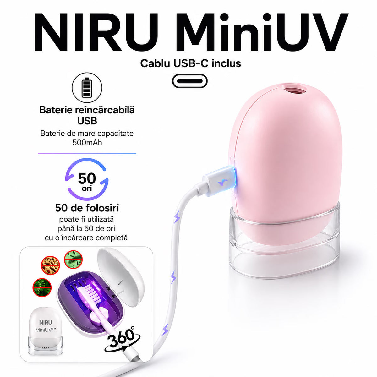 Sterilizator UV portabil pentru periuța de dinți NIRU MiniUV, baterie 500 mAh reîncărcabilă USB-C, până la 50 de utilizări, culoarea roz