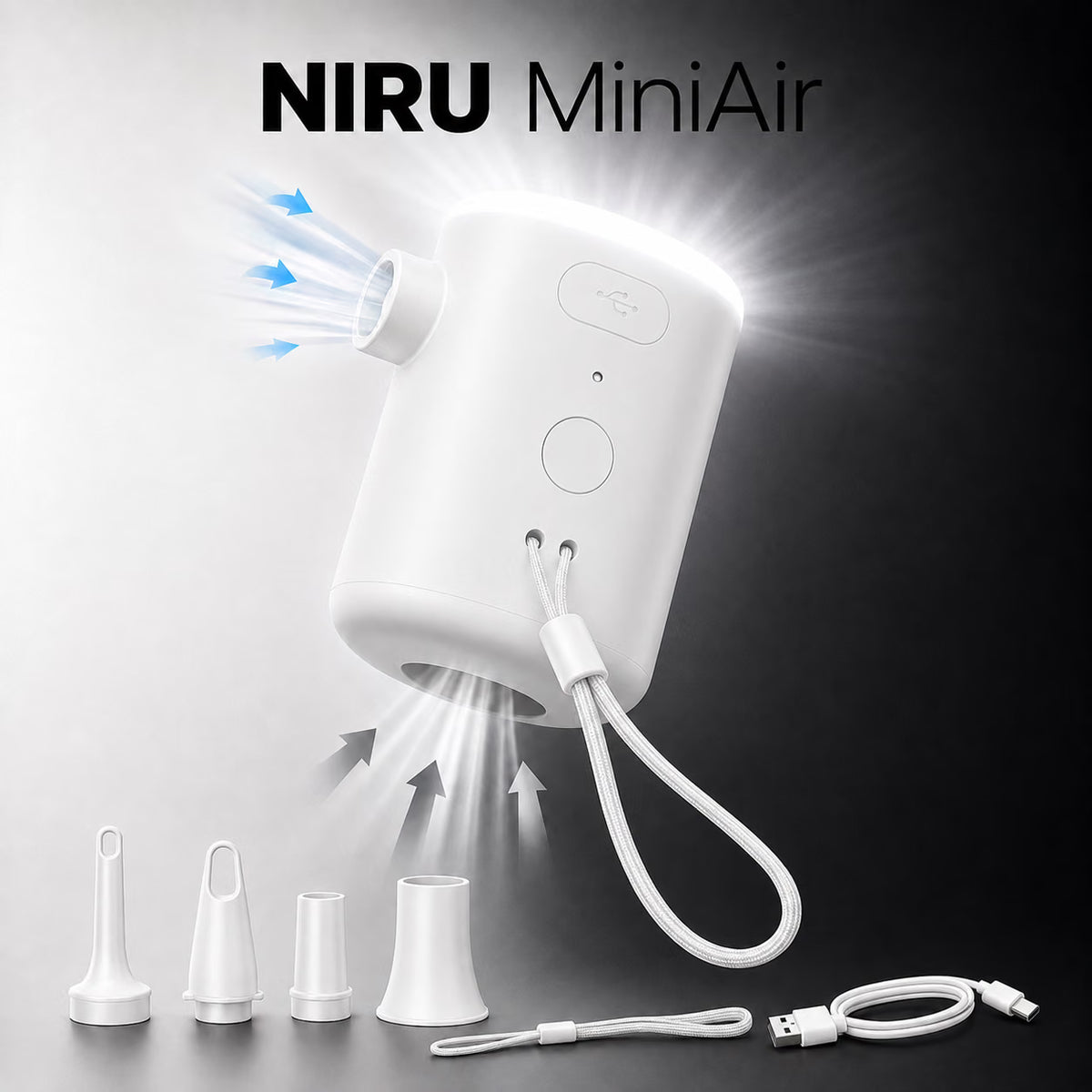 Pompă electrică portabilă NIRU MiniAir 5-în-1 si cele 4 accesorii, snurul de mana si cablul usb-c, alb