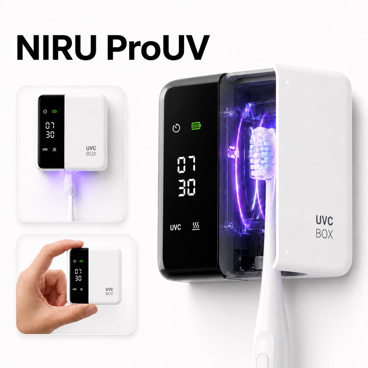 Sterilizator UV-C pentru periuțe de dinți NIRU ProUV, model alb, cu afișaj digital, montare pe perete și sterilizare UV. alb