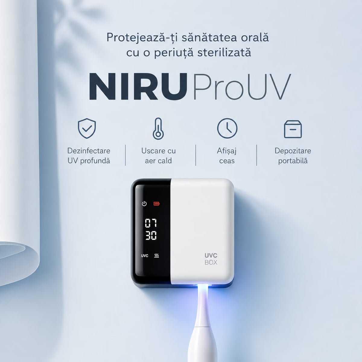 Sterilizator UV-C pentru periuțe de dinți NIRU ProUV, cu uscare cu aer cald, afișaj cu ceas și depozitare compactă, alb