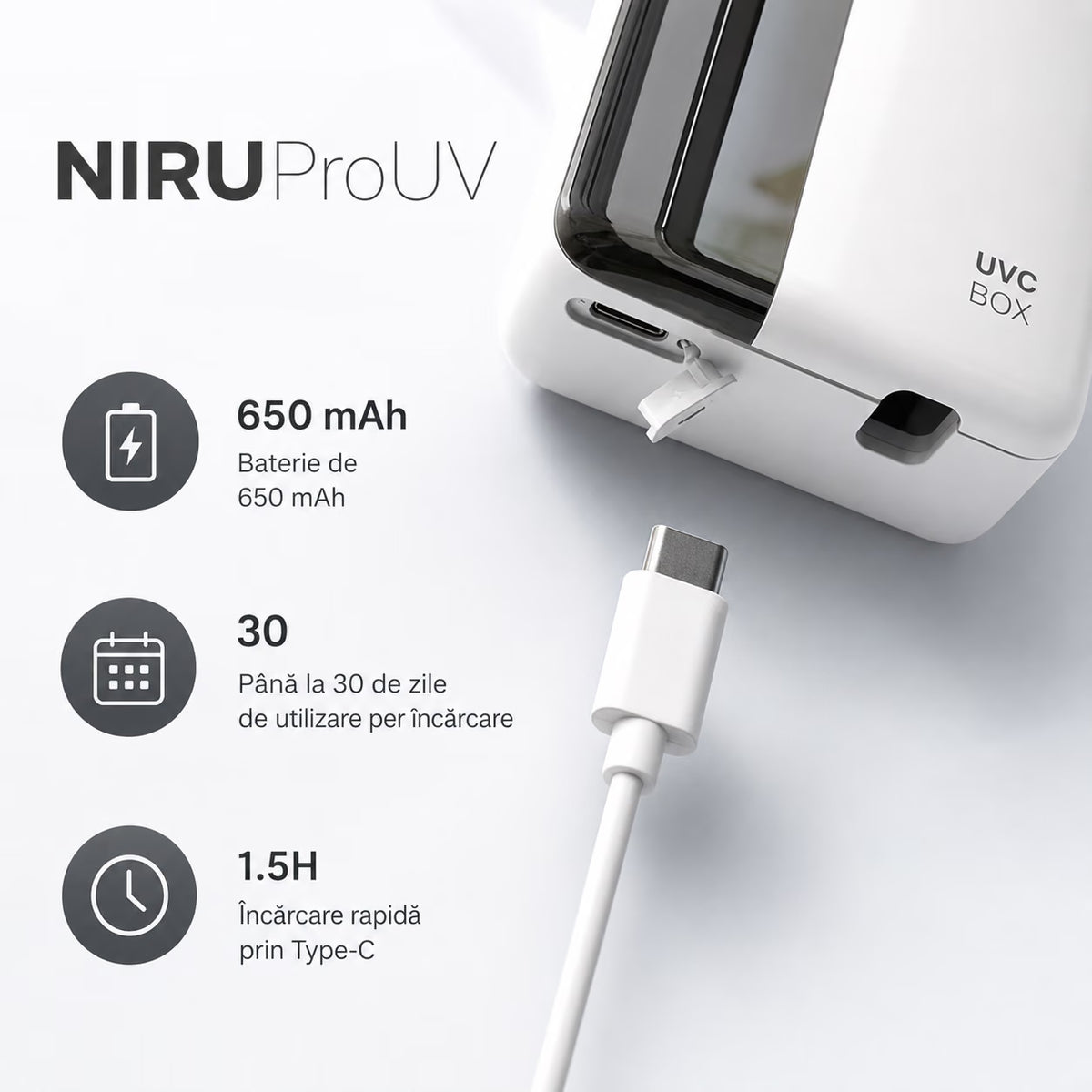 Sterilizator UV-C pentru periuțe de dinți NIRU ProUV, cu baterie 650 mAh, încărcare USB-C și autonomie de până la 30 de zile, alb