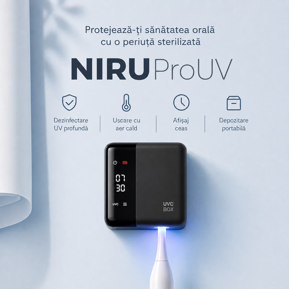 Sterilizator UV-C pentru periuțe de dinți NIRU ProUV, cu uscare cu aer cald, afișaj cu ceas și depozitare compactă, negru