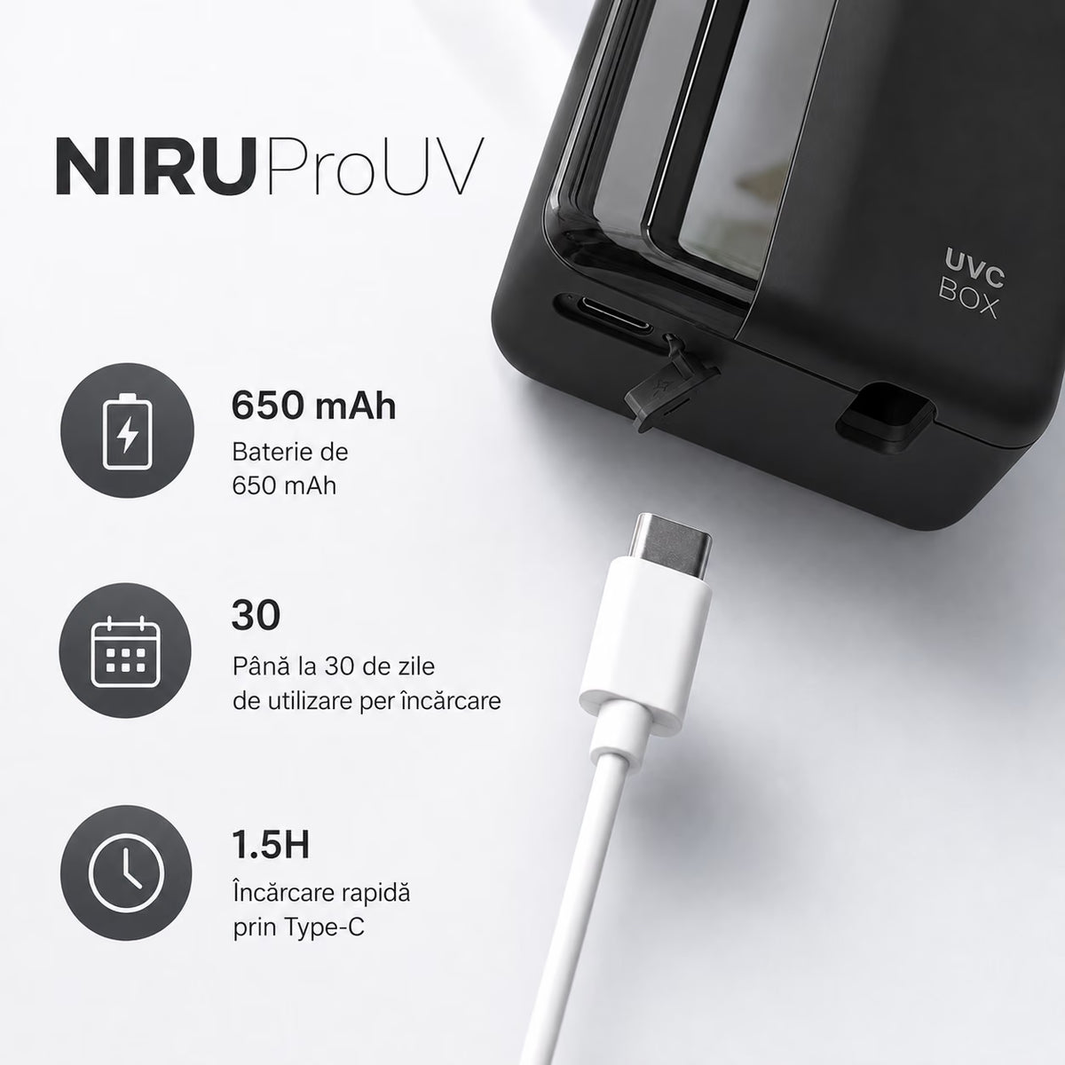 Sterilizator UV-C pentru periuțe de dinți NIRU ProUV, cu baterie 650 mAh, încărcare USB-C și autonomie de până la 30 de zile, negru
