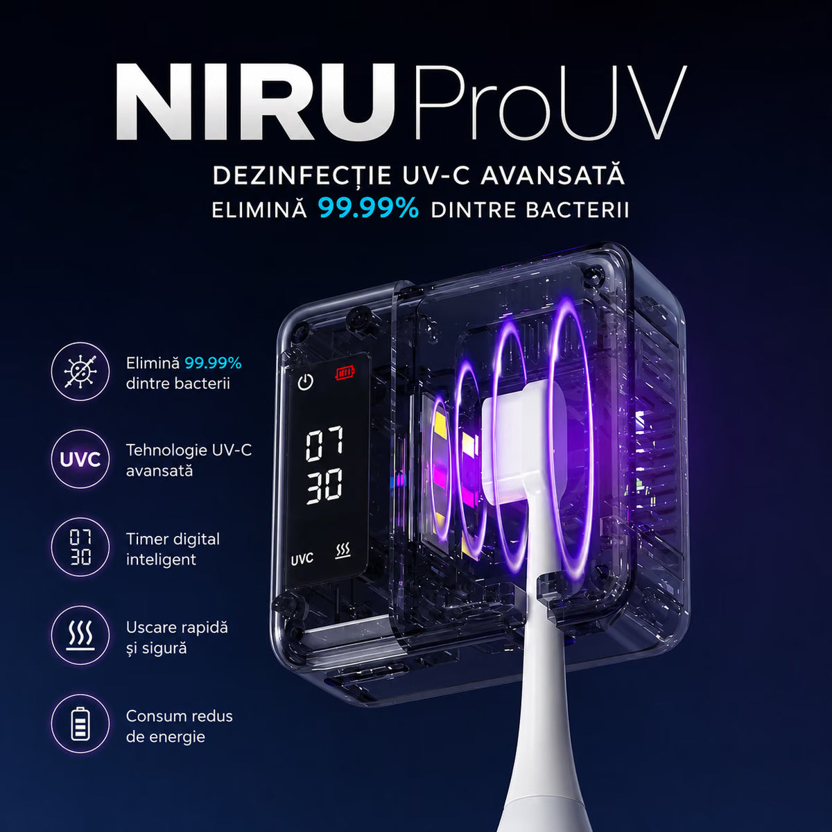 Sterilizator UV-C pentru periuțe de dinți NIRU ProUV, cu tehnologie UV-C avansată, timer digital și uscare rapidă. alb, negru