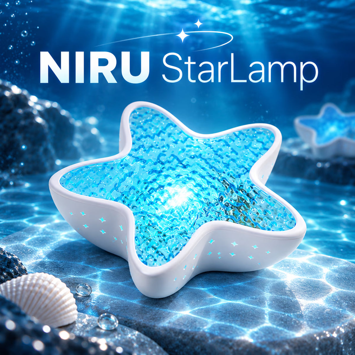 Lampă ambientală NIRU StarLamp în formă de stea, cu efect de lumină albastră și proiecție oceanică relaxantă