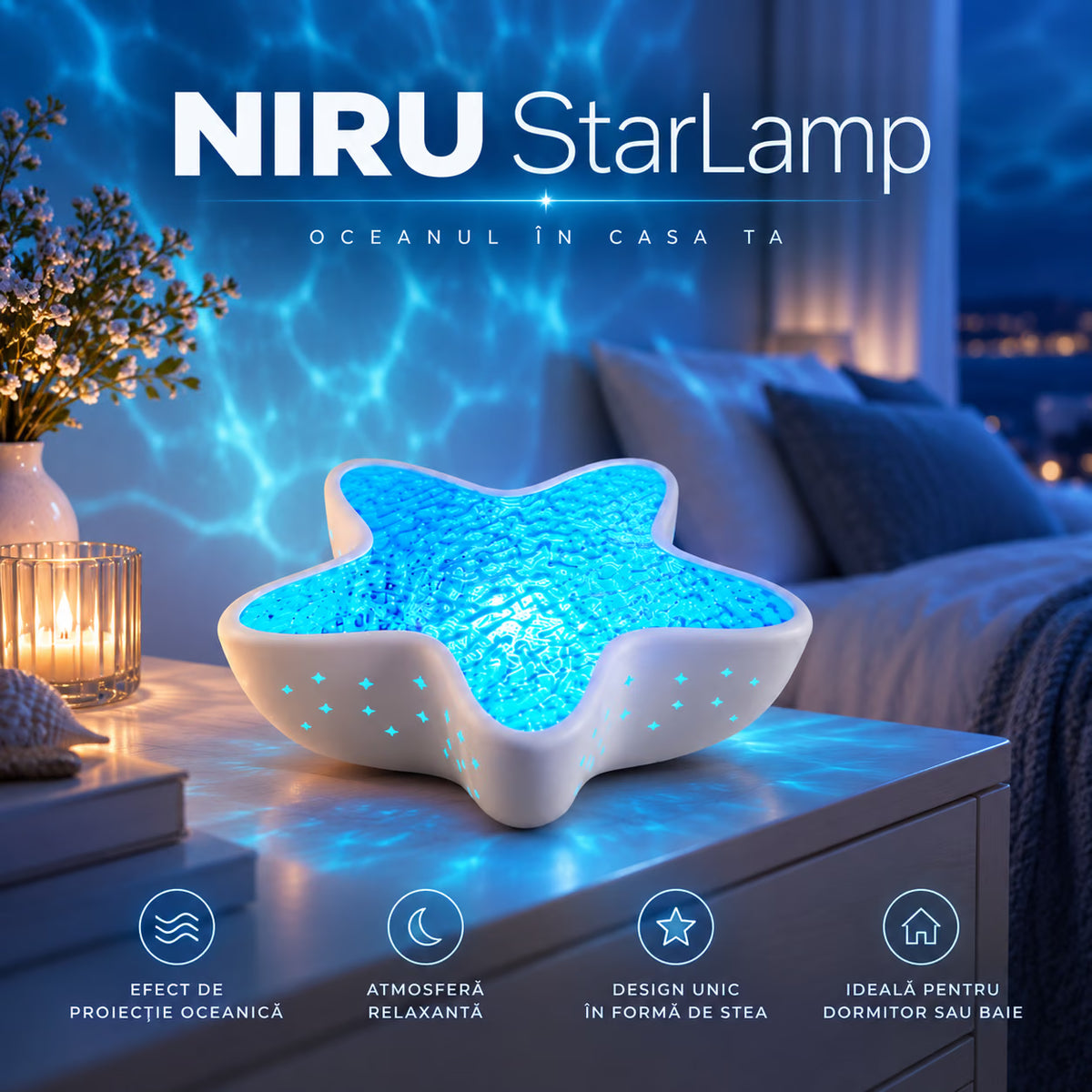 Lampă NIRU StarLamp pe noptieră în dormitor, cu efect de proiecție oceanică și lumină ambientală relaxantă
