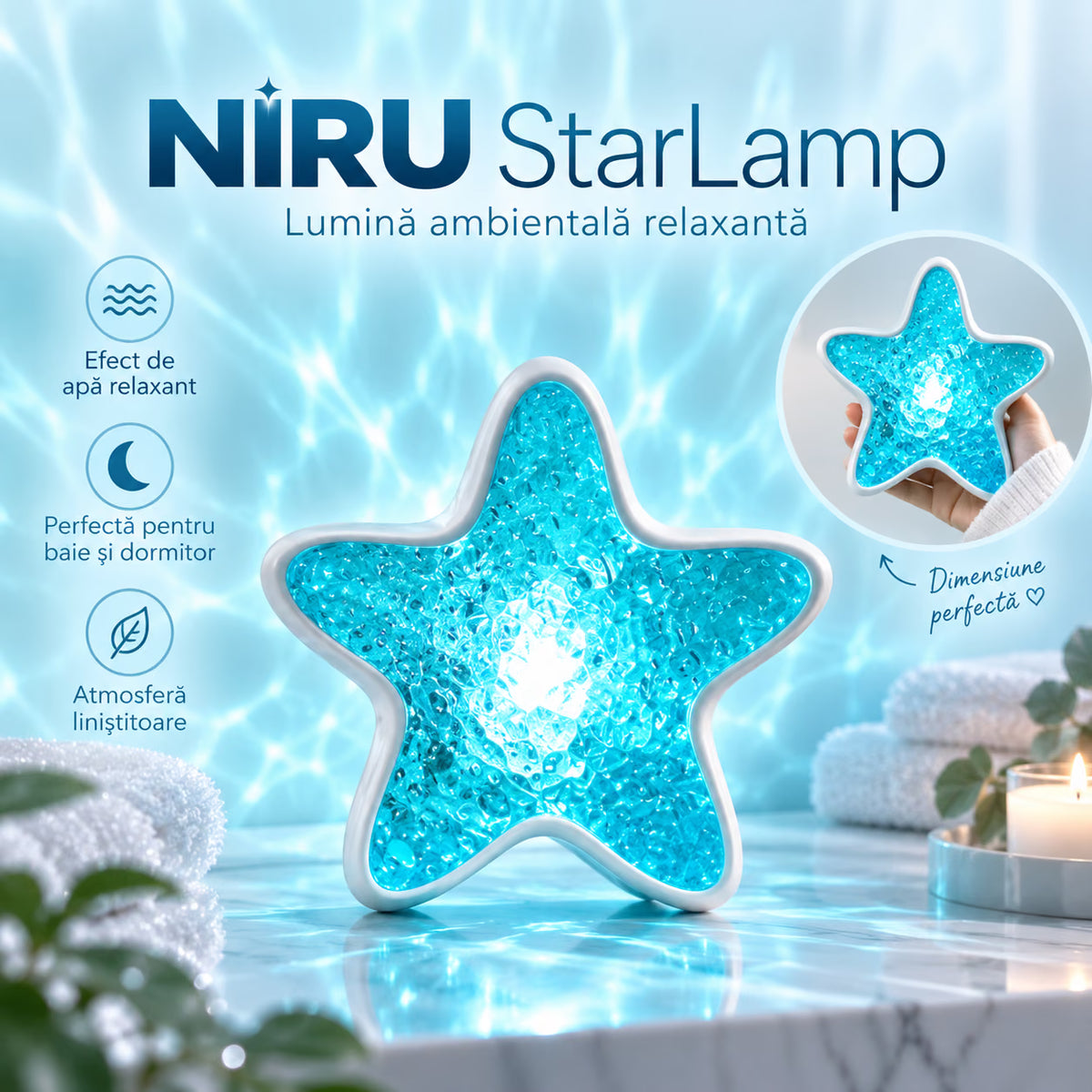 NIRU StarLamp, lampă ambientală în formă de stea, ideală pentru baie și dormitor, cu efect de apă relaxant