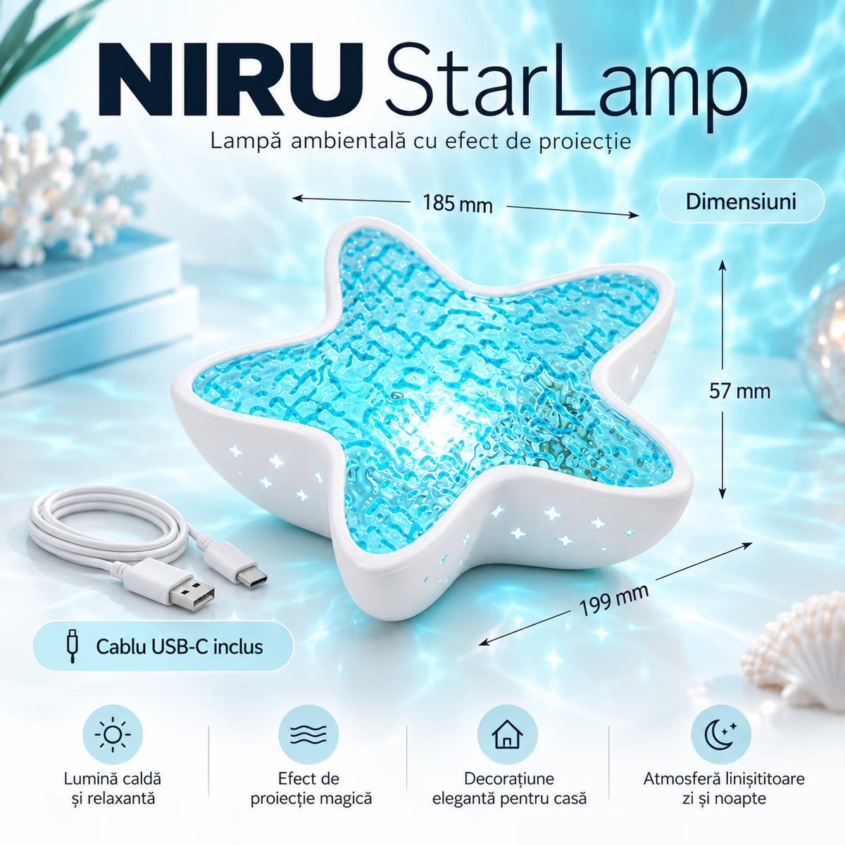 Lampă NIRU StarLamp cu dimensiuni 185 x 199 x 57 mm și cablu USB-C inclus