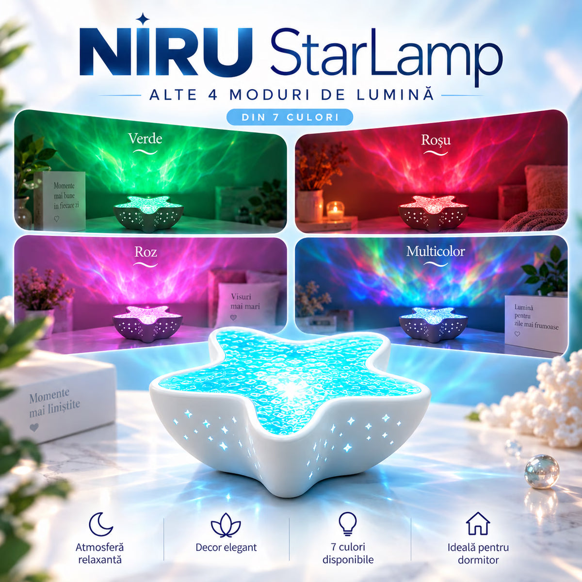 Lampă NIRU StarLamp cu alte 4 moduri de lumină: verde, roșu, roz și multicolor