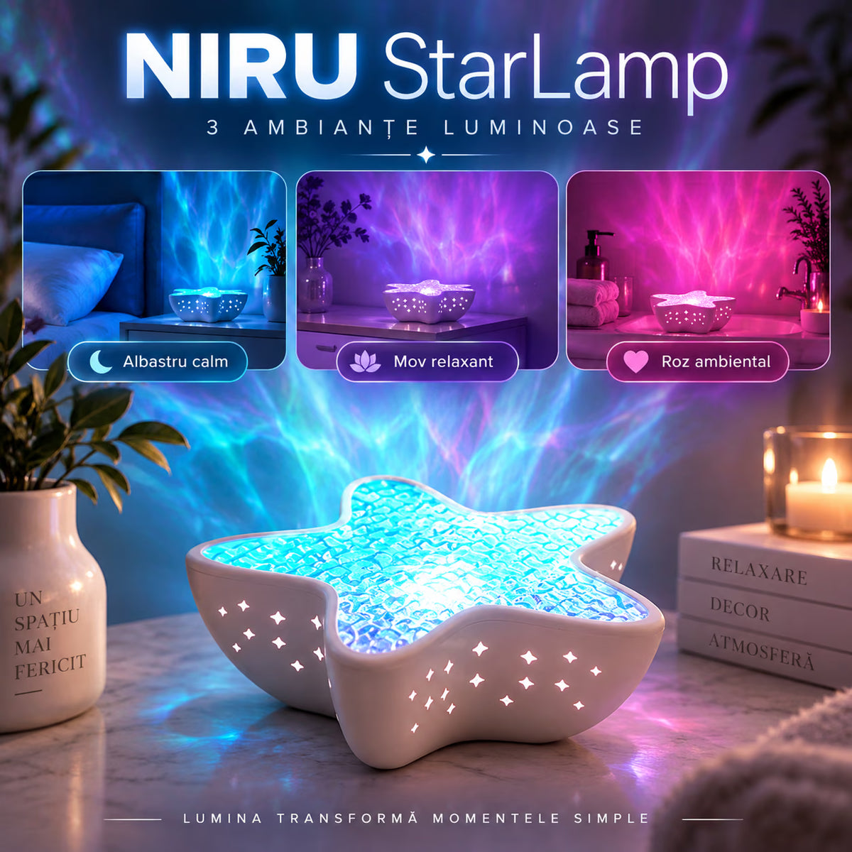Lampă NIRU StarLamp cu 3 ambianțe luminoase: albastru calm, mov relaxant și roz ambiental