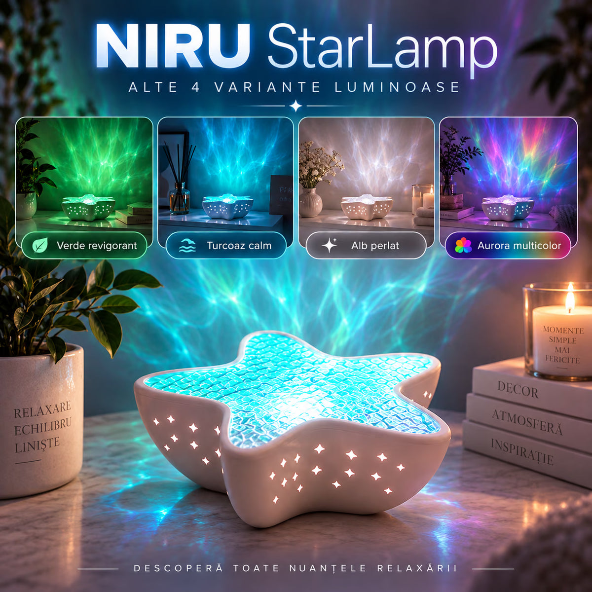 Lampă NIRU StarLamp cu 4 variante luminoase: verde revigorant, turcoaz calm, alb perlat și aurora multicolor