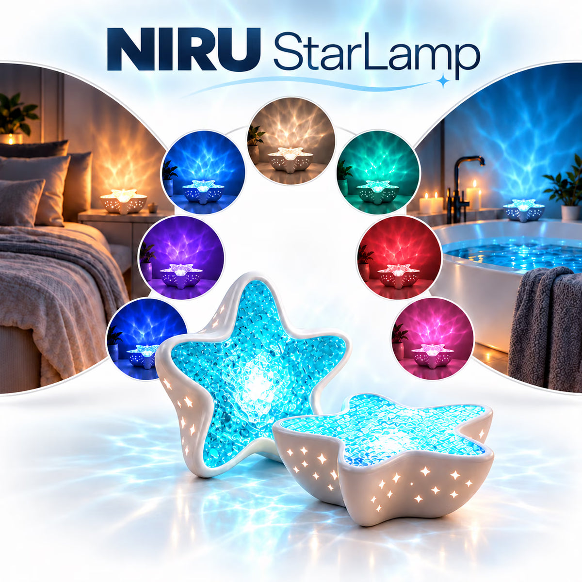 Lampă NIRU StarLamp în formă de stea, cu 7 culori și proiecție ambientală pentru dormitor și baie
